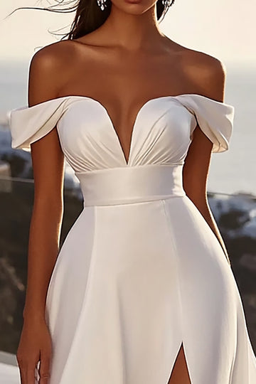 lvory A Line Off The Shoulder Long Wedding Dress With Slit